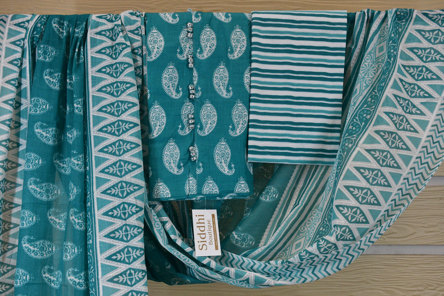 Blue Cotton Dress Material with Keri Motif & Printed Bottom Dupatta Set