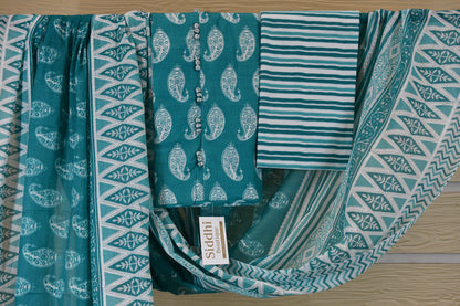 Blue Cotton Dress Material with Keri Motif & Printed Bottom Dupatta Set