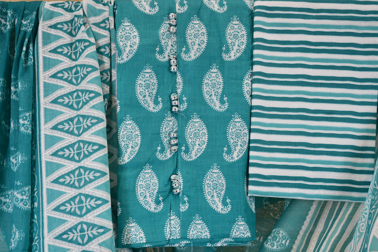 Blue Cotton Dress Material with Keri Motif & Printed Bottom Dupatta Set