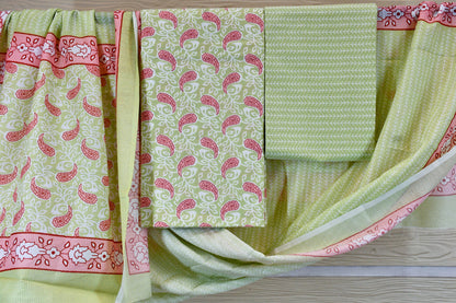 Pista Green Floral Cotton Dress Material | Soft Everyday Elegance