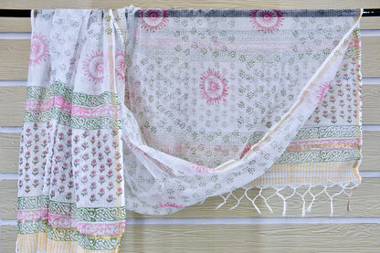 White Pink Hand Block Print Cotton Suit Material with Bottom & Dupatta | Limited Edition