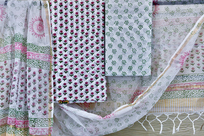 White Pink Hand Block Print Cotton Suit Material with Bottom & Dupatta | Limited Edition
