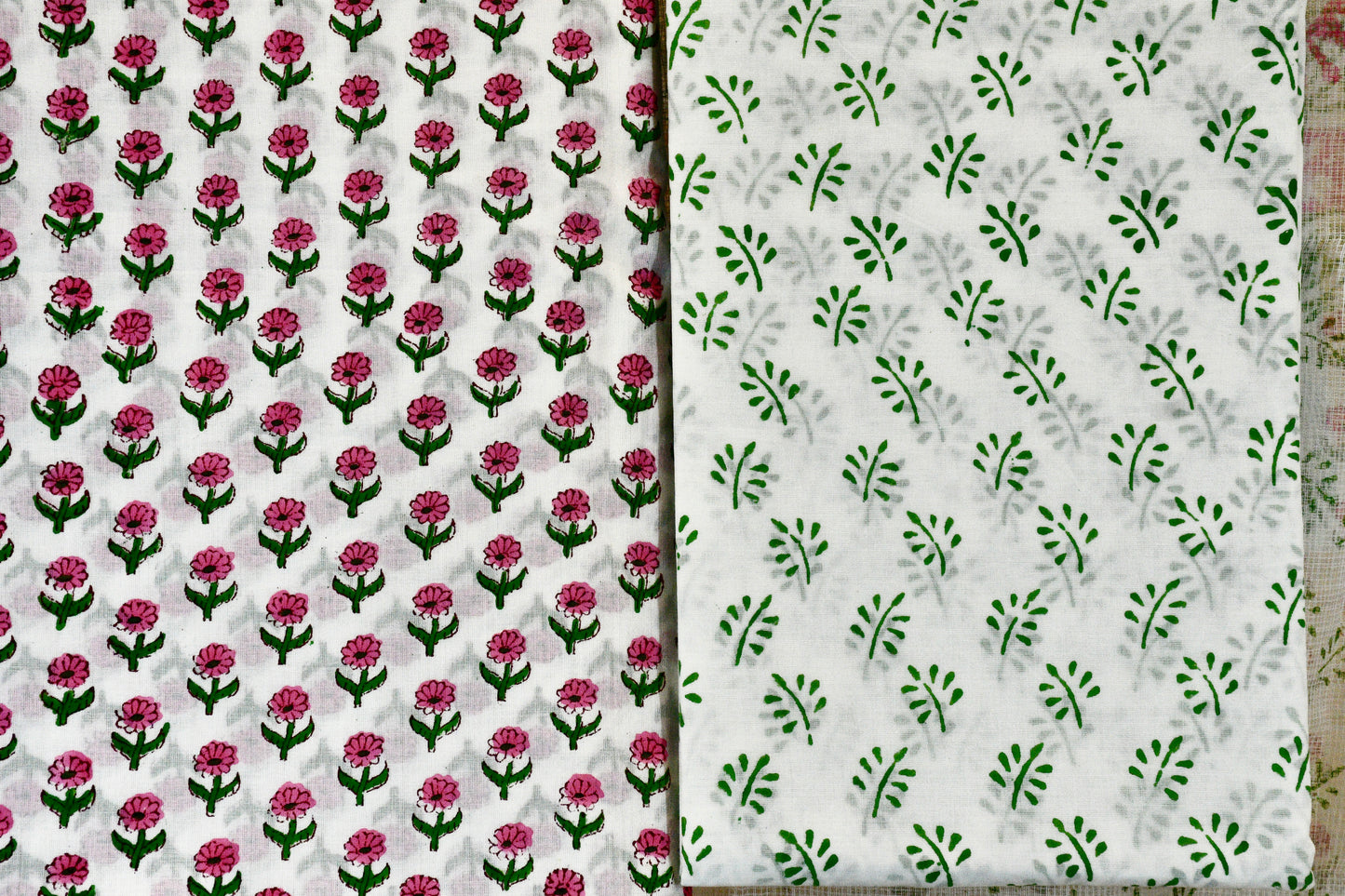 White Pink Hand Block Print Cotton Suit Material with Bottom & Dupatta | Limited Edition