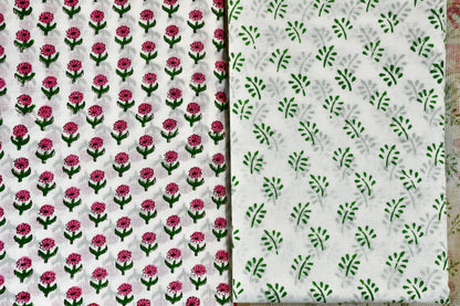 White Pink Hand Block Print Cotton Suit Material with Bottom & Dupatta | Limited Edition