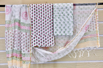 White Pink Hand Block Print Cotton Suit Material with Bottom & Dupatta | Limited Edition
