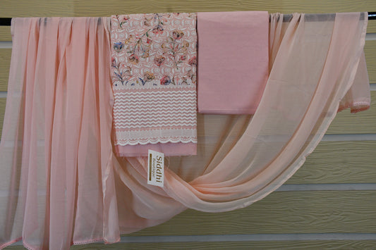 Pink Embroidered Cotton Suit Set with Chiffon Dupatta – Feminine Elegance