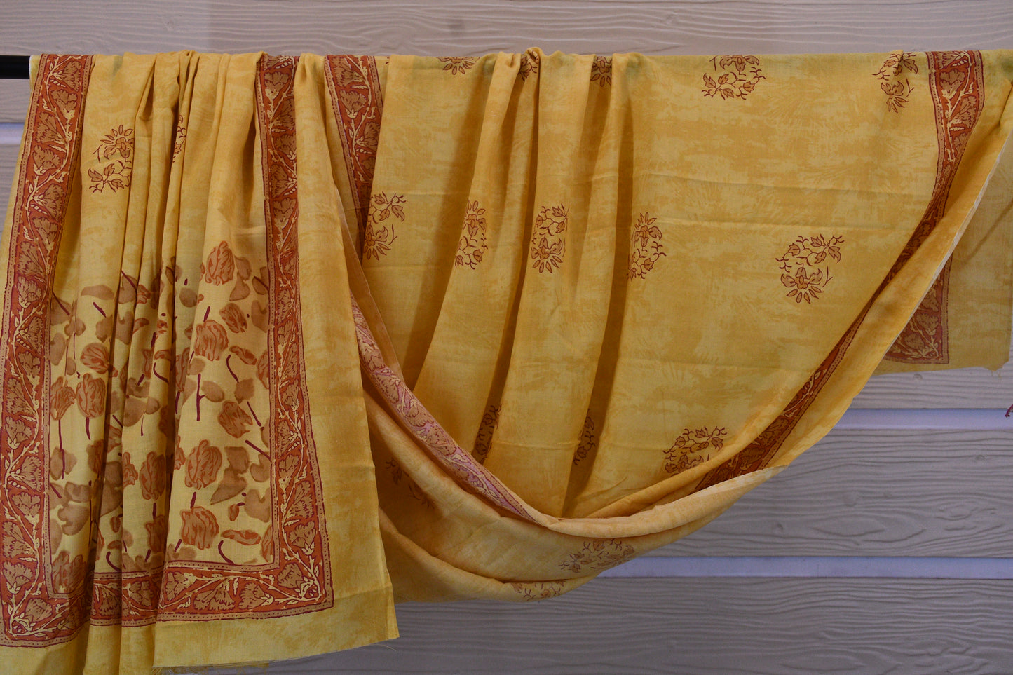 White Self Floral Cotton Dress Material with Hand Block Printed Bottom & Dupatta