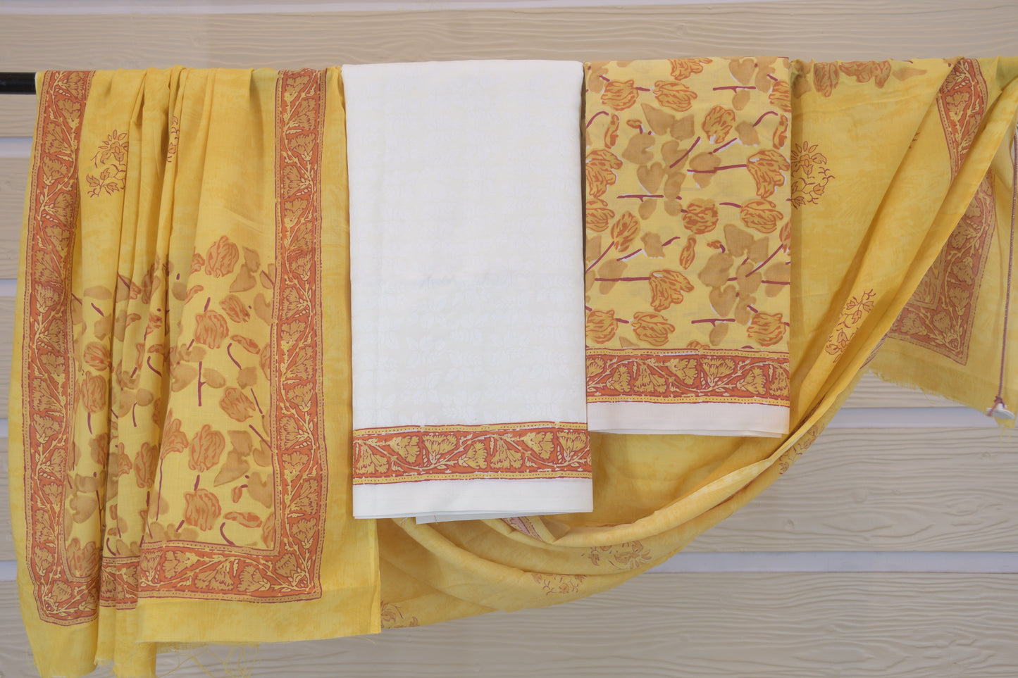 White Self Floral Cotton Dress Material with Hand Block Printed Bottom & Dupatta