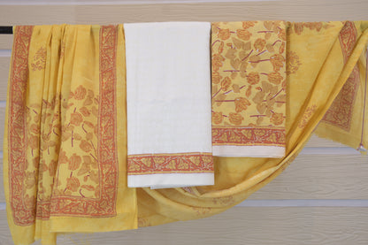 White Self Floral Cotton Dress Material with Hand Block Printed Bottom & Dupatta