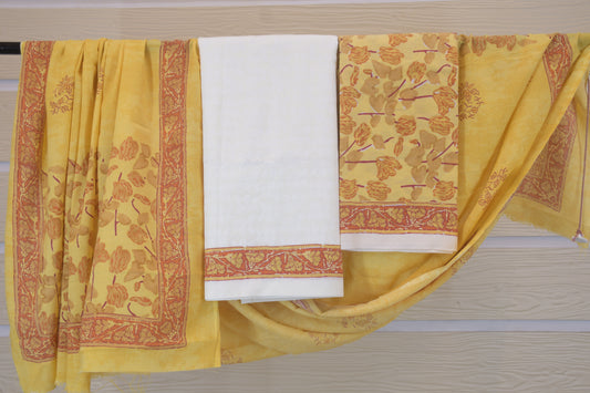 White Self Floral Cotton Dress Material with Hand Block Printed Bottom & Dupatta