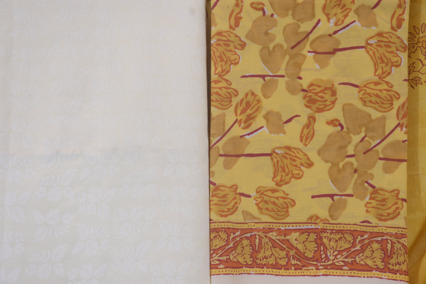 White Self Floral Cotton Dress Material with Hand Block Printed Bottom & Dupatta