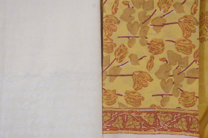 White Self Floral Cotton Dress Material with Hand Block Printed Bottom & Dupatta