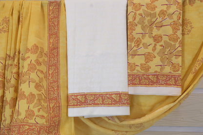 White Self Floral Cotton Dress Material with Hand Block Printed Bottom & Dupatta