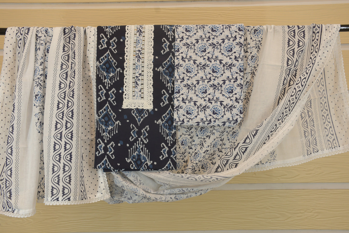 Dark Blue Block Printed Dress Material with White Printed Bottom | Handcrafted Cotton Set