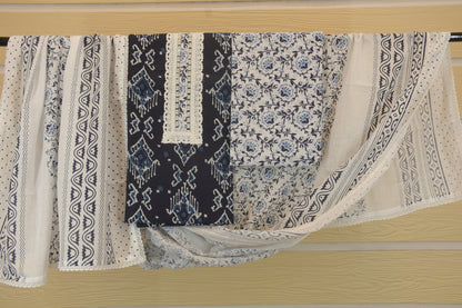 Dark Blue Block Printed Dress Material with White Printed Bottom | Handcrafted Cotton Set