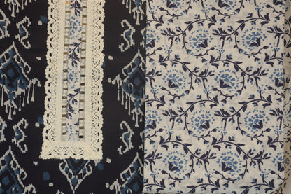 Dark Blue Block Printed Dress Material with White Printed Bottom | Handcrafted Cotton Set