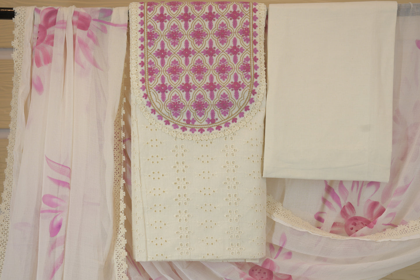 Blush Chikankari with Pink Embroidery & Chiffon Dupatta