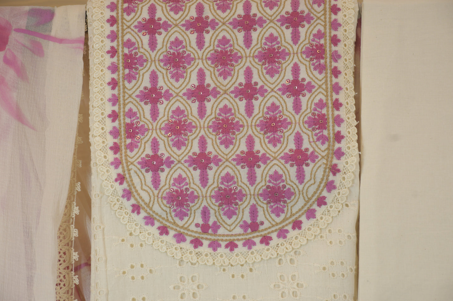 Blush Chikankari with Pink Embroidery & Chiffon Dupatta
