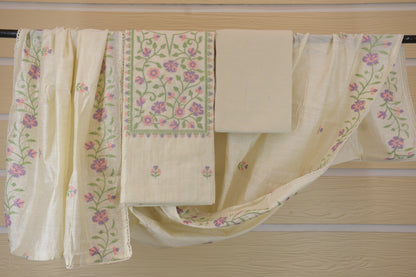 Cream Raw Silk Floral Embroidered Suit Set