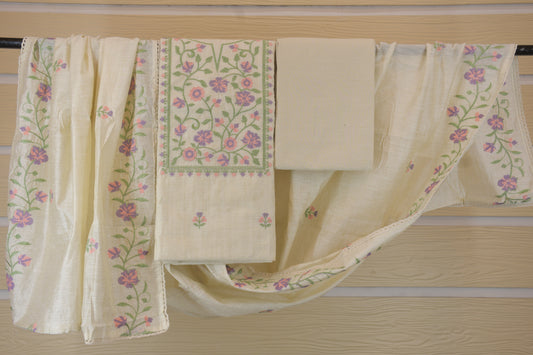 Cream Raw Silk Floral Embroidered Suit Set