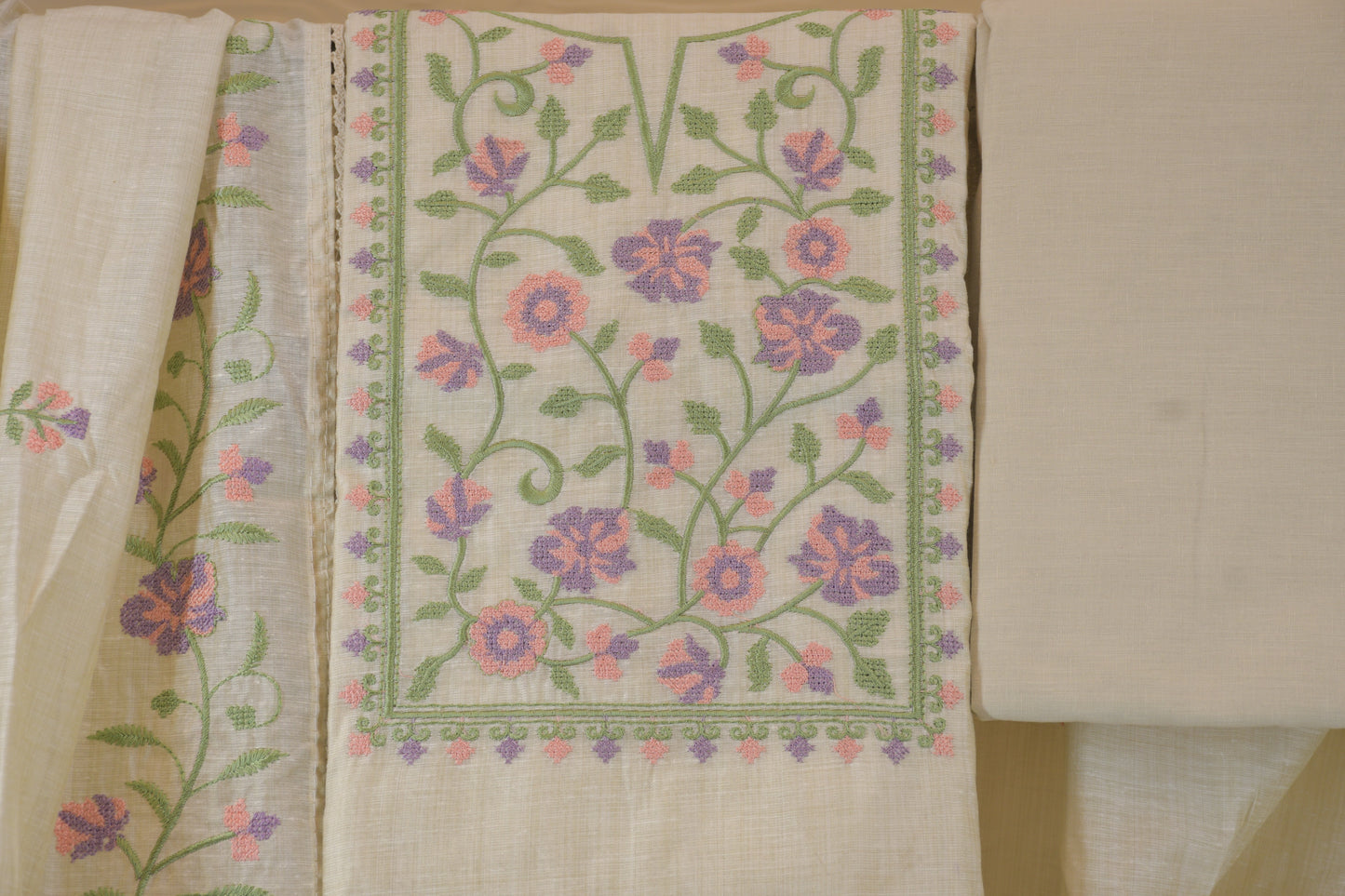 Cream Raw Silk Floral Embroidered Suit Set