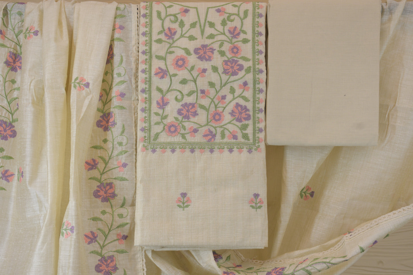Cream Raw Silk Floral Embroidered Suit Set