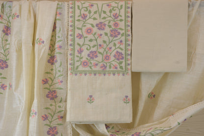 Cream Raw Silk Floral Embroidered Suit Set
