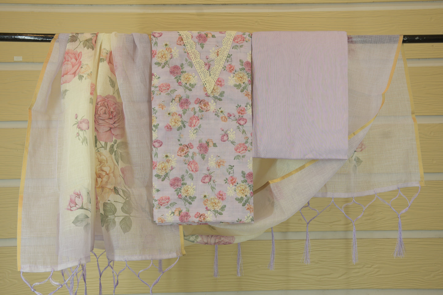 Lilac Blossom: Linen Dress Material with V-Neck
