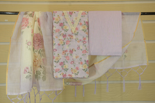 Lilac Blossom: Linen Dress Material with V-Neck