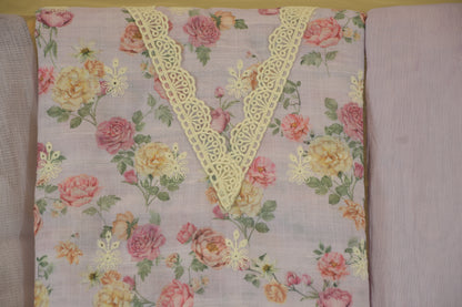 Lilac Blossom: Linen Dress Material with V-Neck