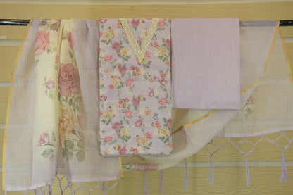 Lilac Blossom: Linen Dress Material with V-Neck