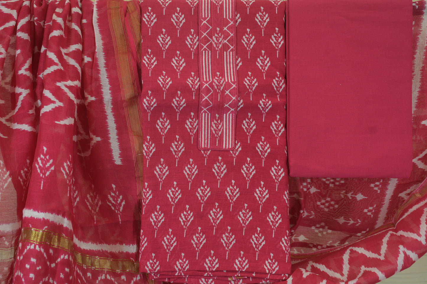 Rani Pink Gadwal Geometric Unstitched Suit Set
