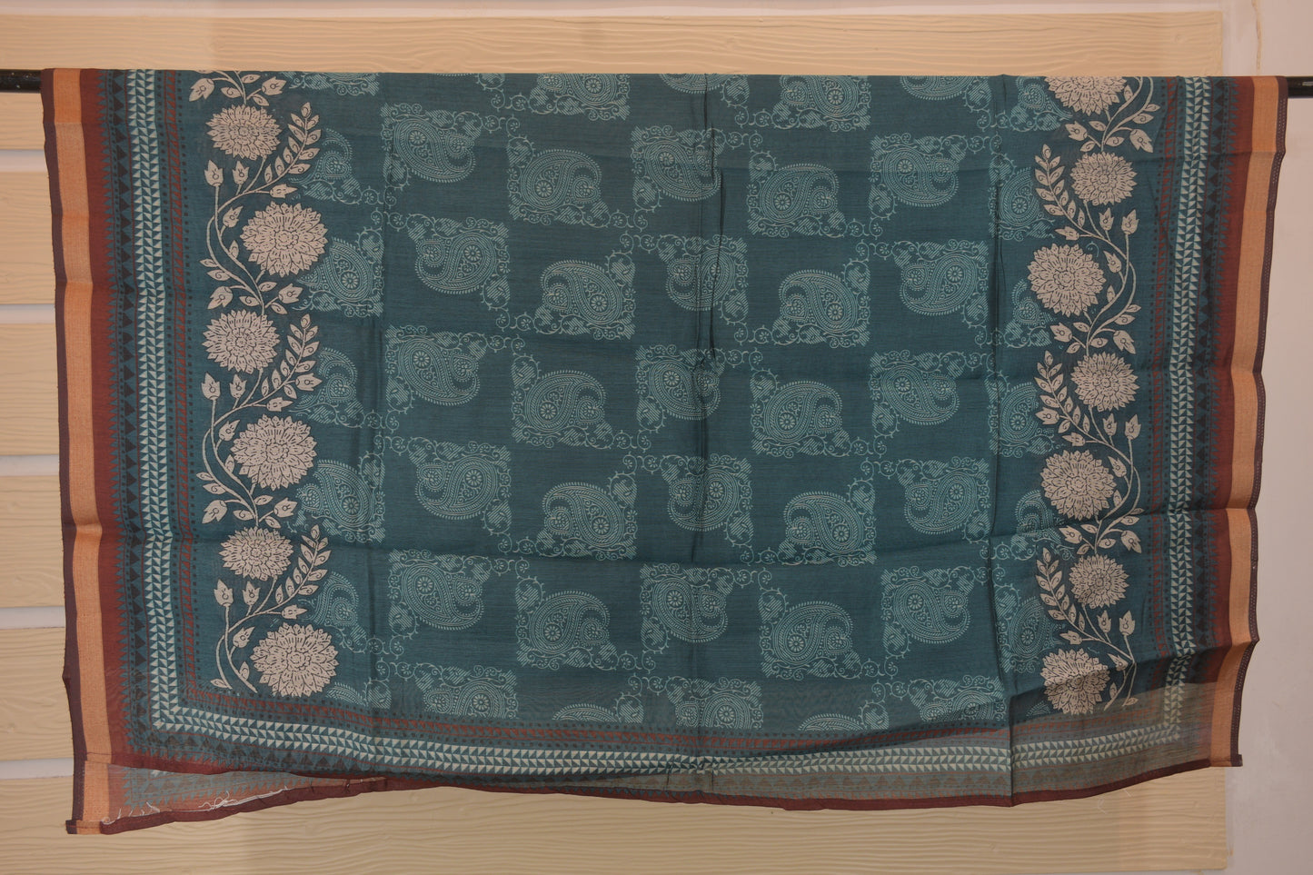 Teal Blue Floral Printed Unstitched Suit with Contrast Border Dupatta