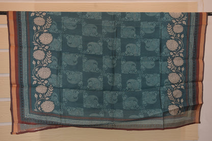Teal Blue Floral Printed Unstitched Suit with Contrast Border Dupatta