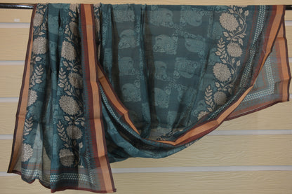 Teal Blue Floral Printed Unstitched Suit with Contrast Border Dupatta