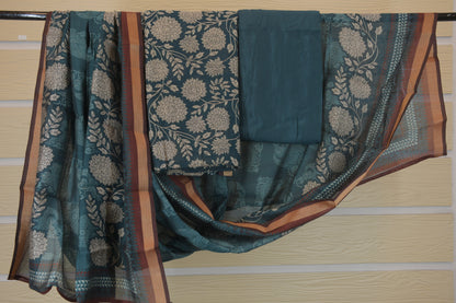 Teal Blue Floral Printed Unstitched Suit with Contrast Border Dupatta