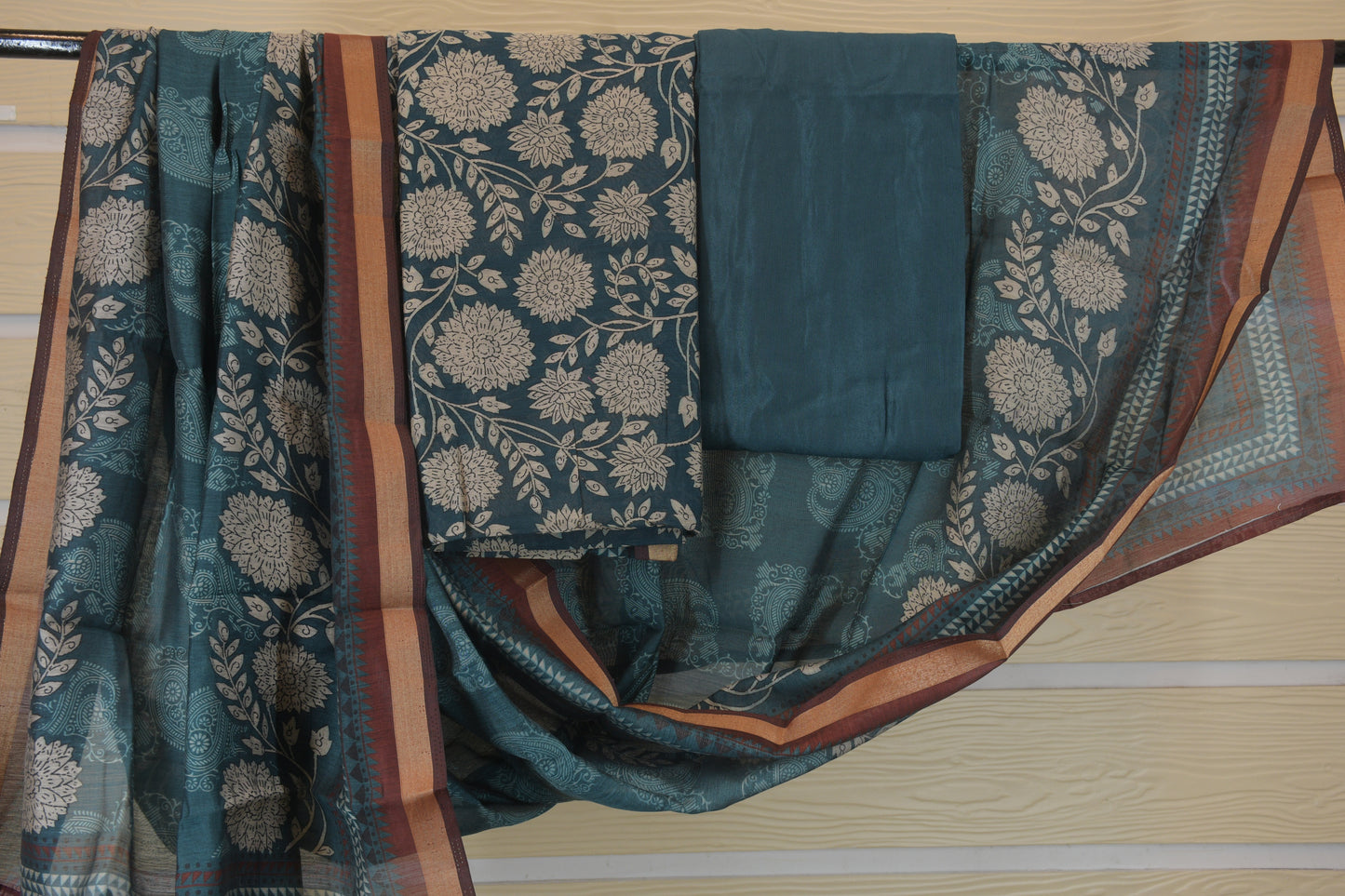 Teal Blue Floral Printed Unstitched Suit with Contrast Border Dupatta