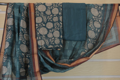 Teal Blue Floral Printed Unstitched Suit with Contrast Border Dupatta