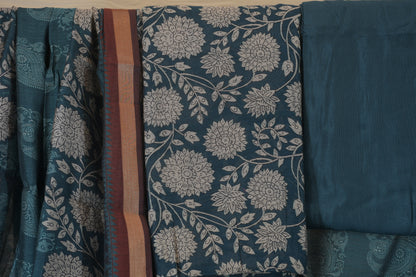 Teal Blue Floral Printed Unstitched Suit with Contrast Border Dupatta