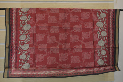 Crimson Botanicals: Floral Print Dress Material with Zari Borde