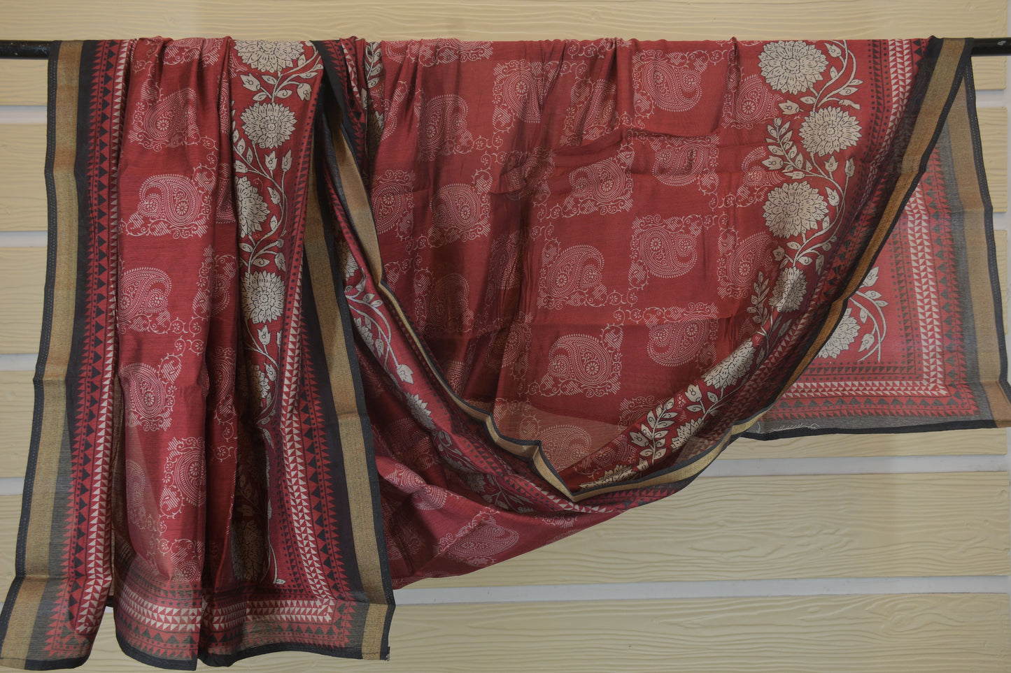 Crimson Botanicals: Floral Print Dress Material with Zari Borde