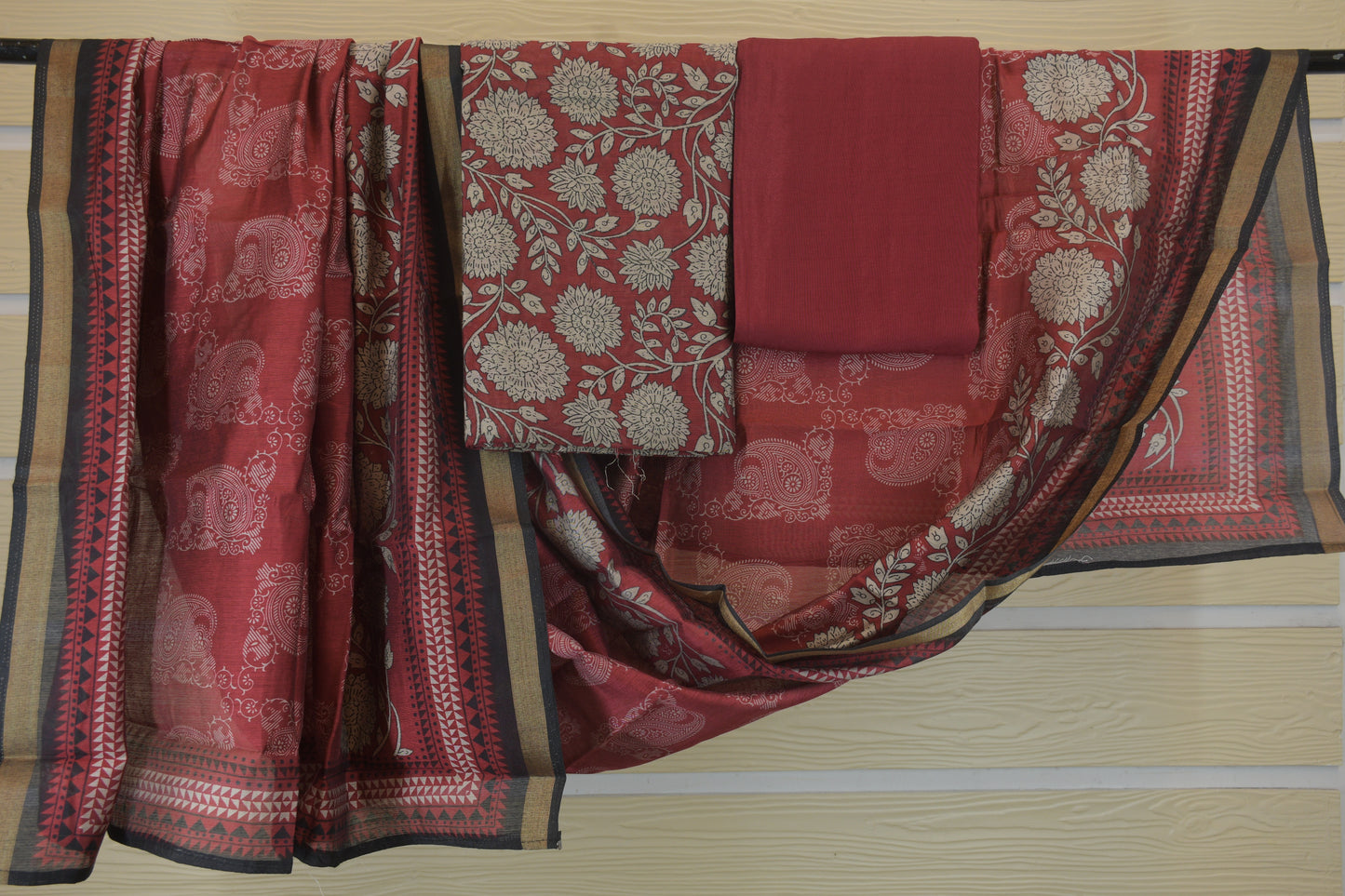 Crimson Botanicals: Floral Print Dress Material with Zari Borde