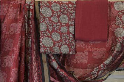 Crimson Botanicals: Floral Print Dress Material with Zari Borde