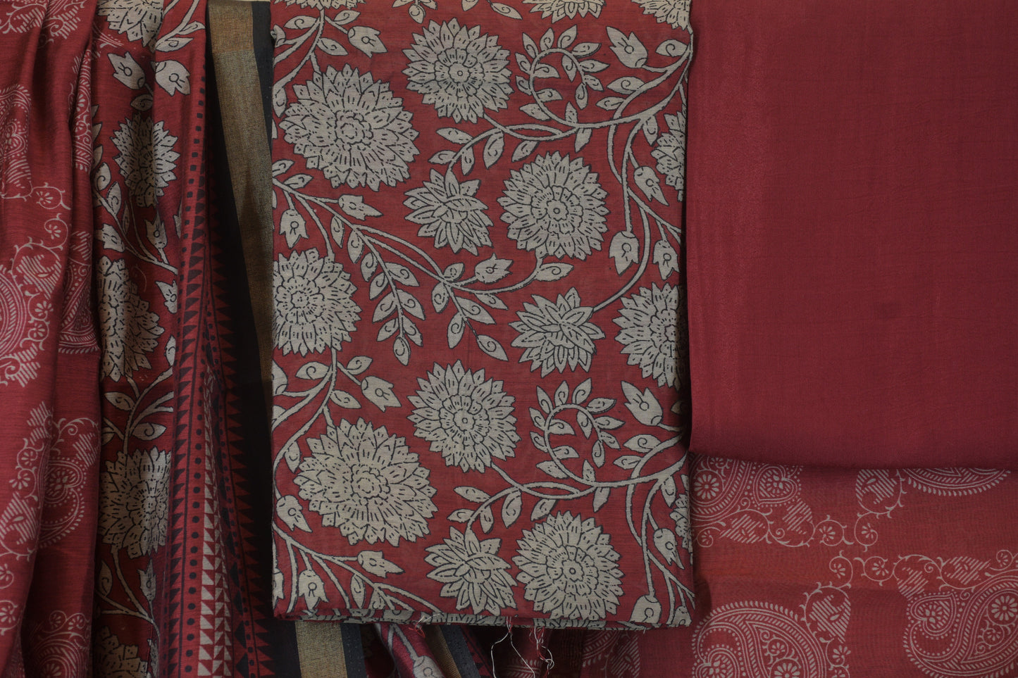 Crimson Botanicals: Floral Print Dress Material with Zari Borde