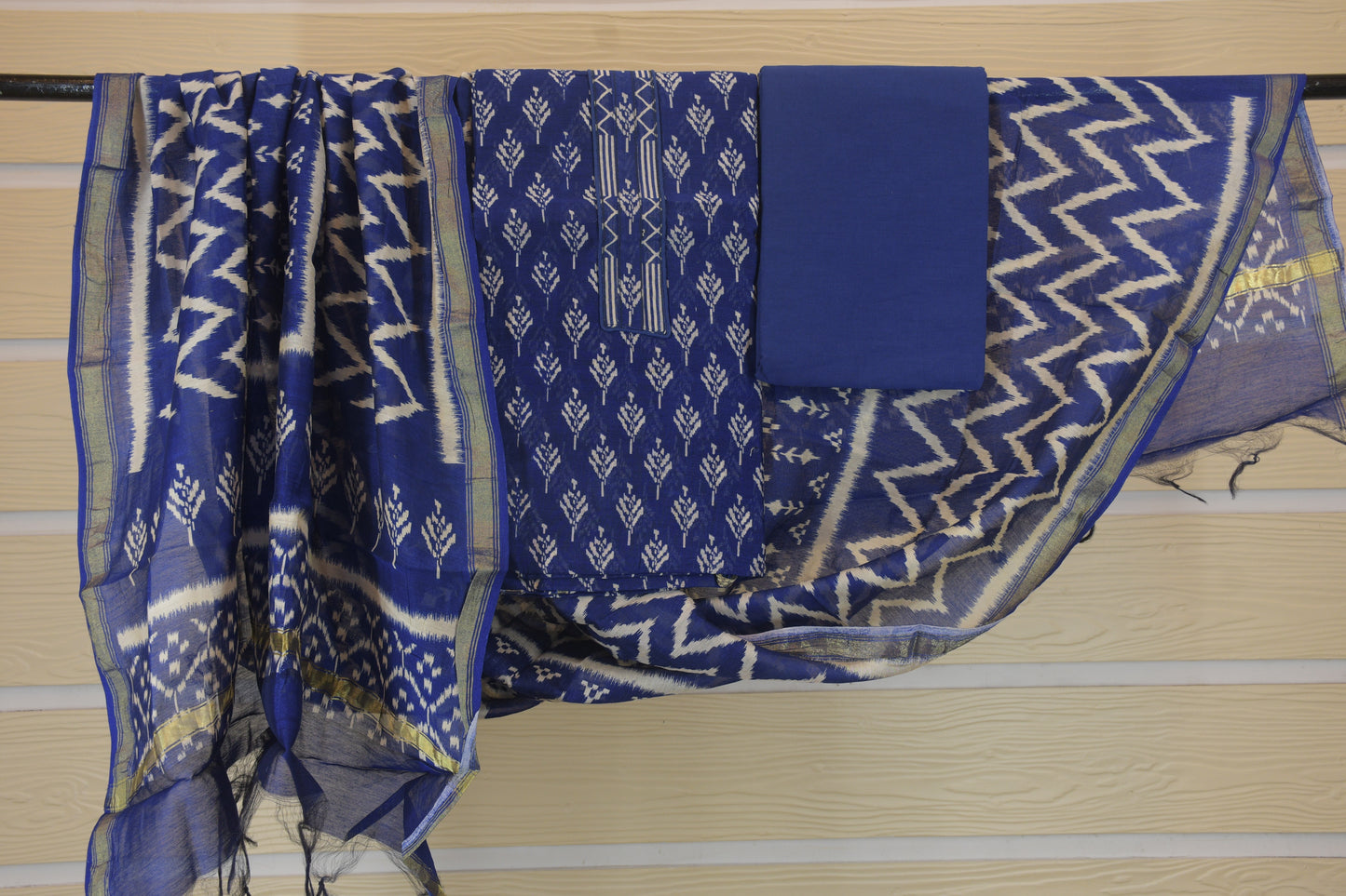 Royal Blue Gadwal Geometric Unstitched Suit Set