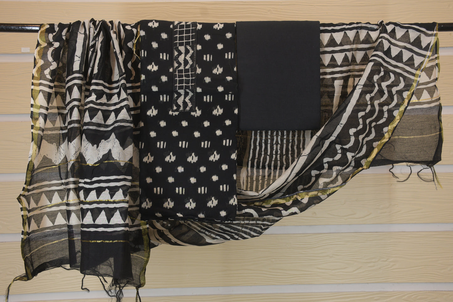 Midnight Black Gadwal Geometric Unstitched Suit Set