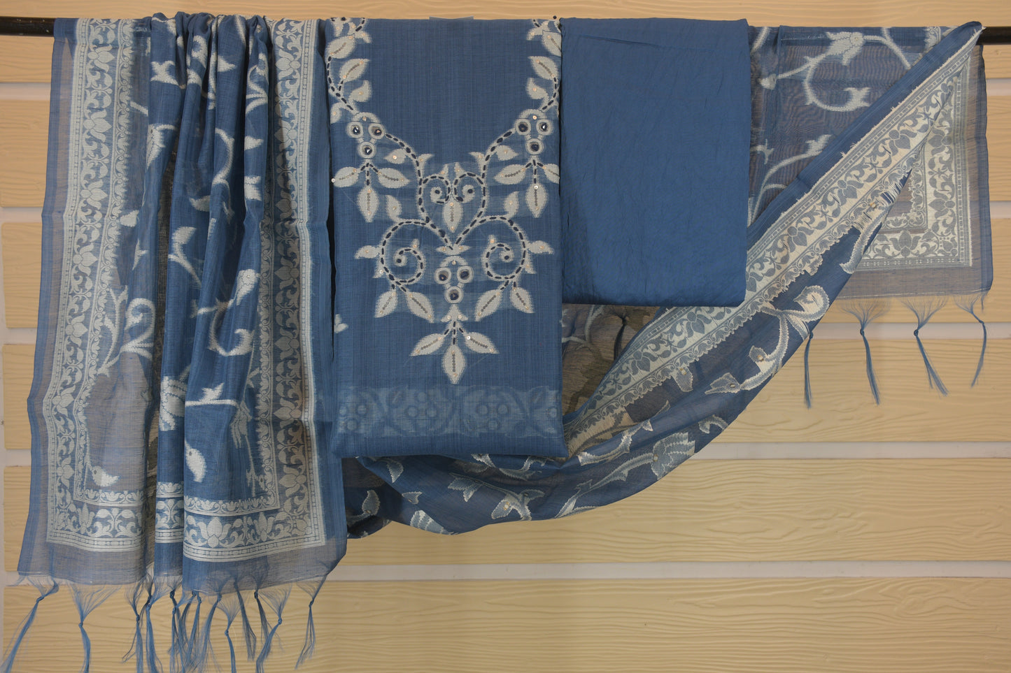 Slate Blue Jamdani Unstitched Suit
