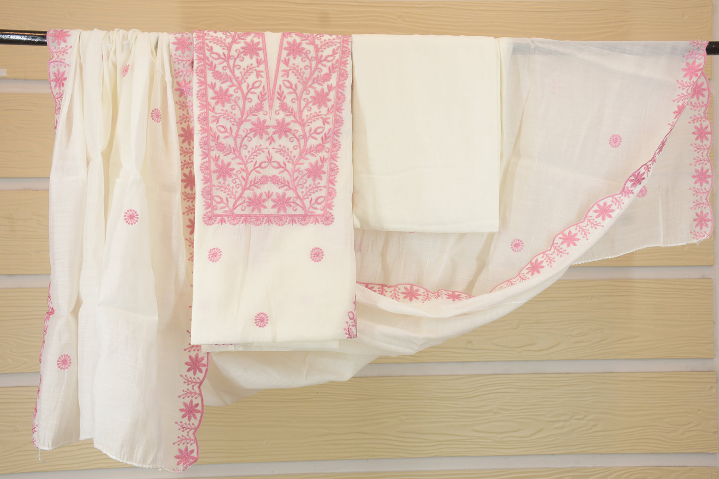 Blushing Vines: Dress Material with Pink Embroidered Neckline