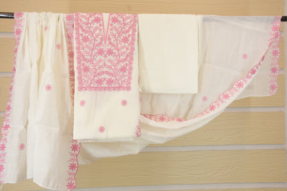Blushing Vines: Dress Material with Pink Embroidered Neckline