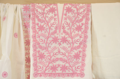 Blushing Vines: Dress Material with Pink Embroidered Neckline